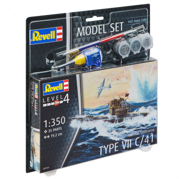 KIT PARA MONTAR REVELL MODEL SET SUBMARINO ALEMÃO TYPE VII C/41 1/350 35 PEÇAS COMPLETO COM TINTAS COLA E PINCEL REV 65154